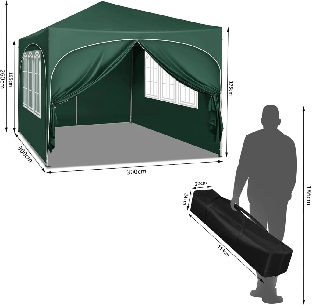 Gazebo Pieghevole da Giardino, Gazebo Idrorepellente Pop Up da 3x3m Pannelli Laterali, Tendone Esterno, Altezza Regolabile, Protezione UV, con Custodia Verde