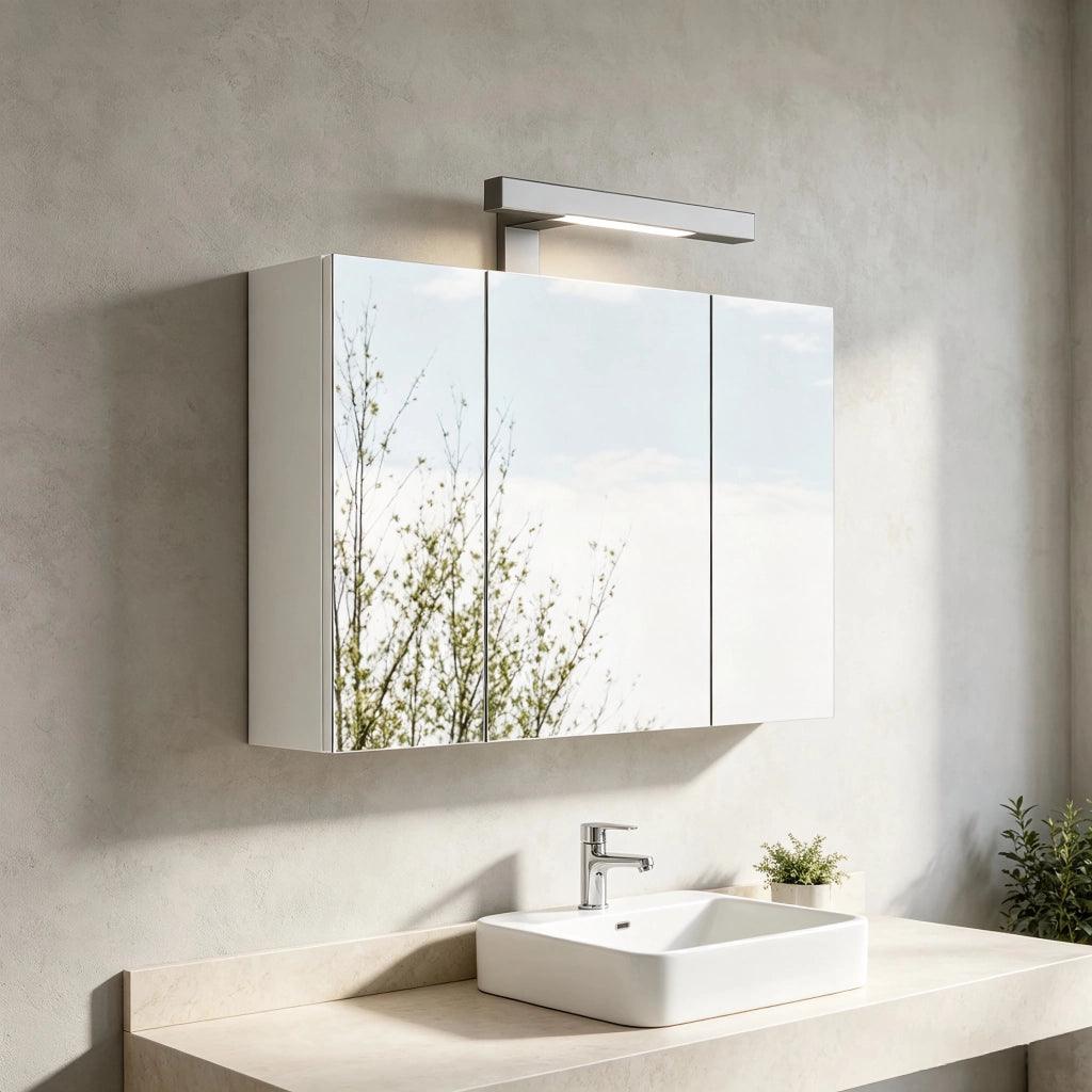 Mobile con specchio con 3 ante; LED e presa integrata; ripiani regolabili per bagno; in MDF e vetro; bianco; 60 cm