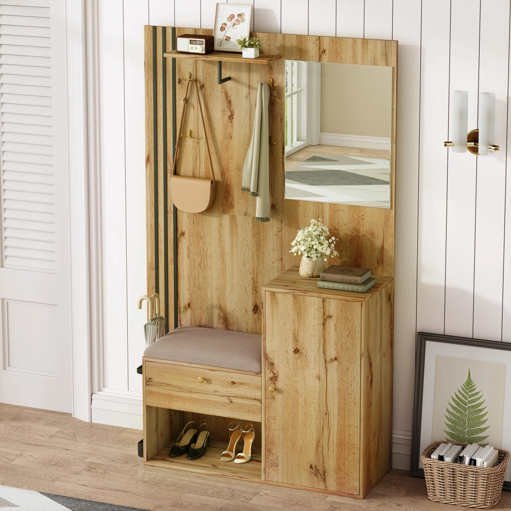 Guardaroba da ingresso compatto con specchio, panca imbottita e portascarpe, struttura in MDF, colore naturale e nero, 115 x 37 x 185 cm