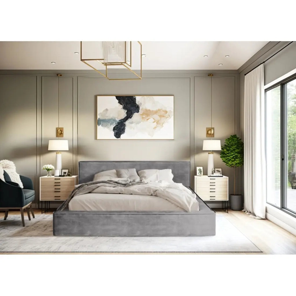 Letto contenitore VELORA – Grigio chiaro – 140x200 cm – Tessuto velluto morbido – Rete sollevabile – Contenitore integrato