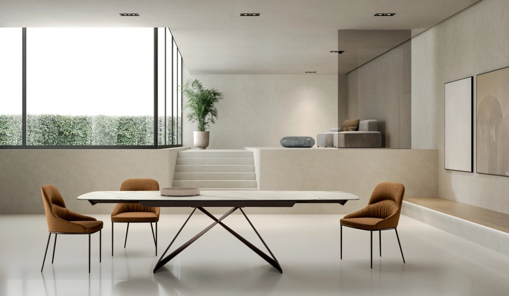 Tavolo Allungabile Thanos X - Piano in Ceramica Marmo Calacatta Oro, Struttura Metallo Bronzo, 200-280x100 cm, Design Contemporaneo
