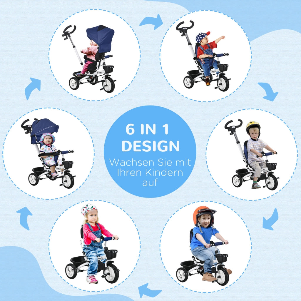 Triciclo per Bambini 6-in-1 con Spingi ¨C Zephmum ¨C Blu