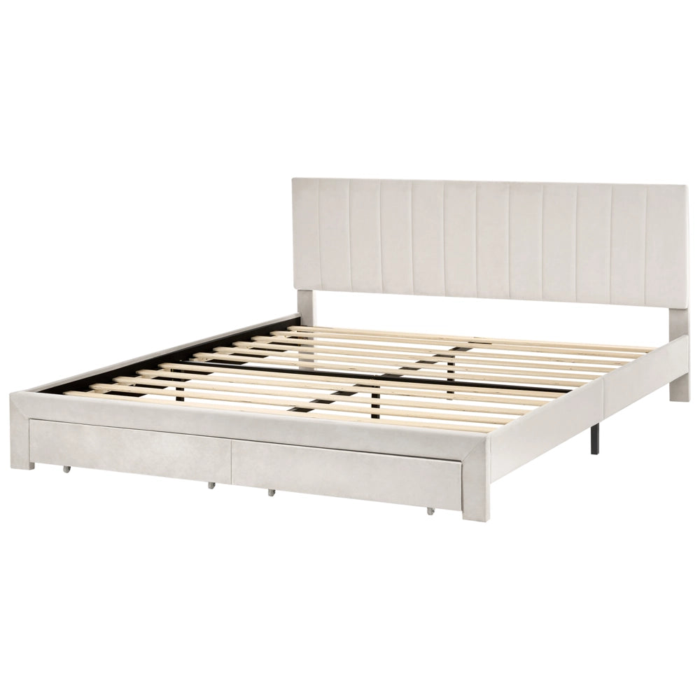 Letto matrimoniale 180 x 200 cm Bianco Sporco Rivestimento in velluto 4ft con cassetti Testiera Base a doghe Moderno