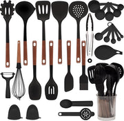 Set di cottura in silicone, 28 pezzi, resistente al calore, con contenitore per utensili, rivestimento antiaderente, BPA gratuito, lavabile in lavastoviglie, manico, cucchiaio, cucchiaio (nero)