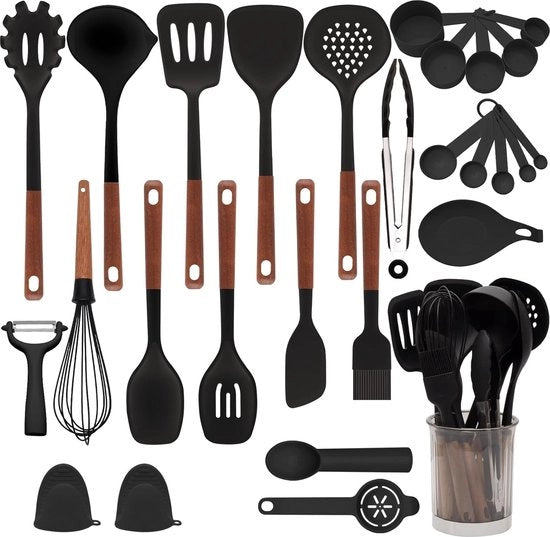 Set di cottura in silicone, 28 pezzi, resistente al calore, con contenitore per utensili, rivestimento antiaderente, BPA gratuito, lavabile in lavastoviglie, manico, cucchiaio, cucchiaio (nero)