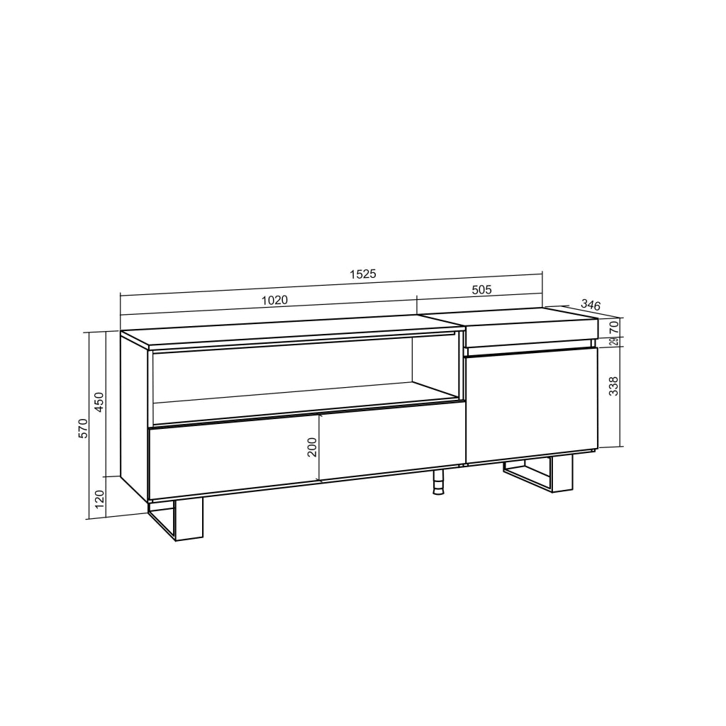 Mobile TV Soggiorno, 150x35x57cm, Per TV fino a 65", Design industriale, colore Rovere e nero RF2428