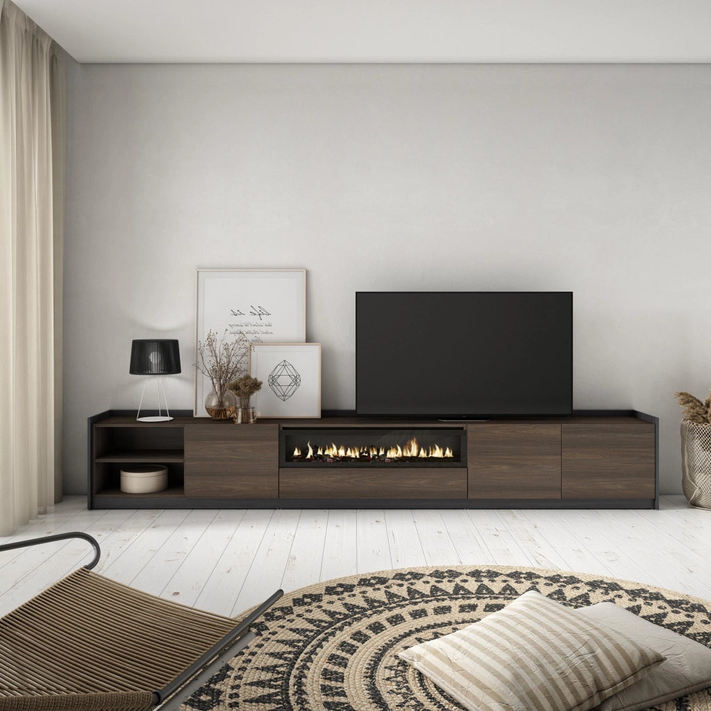 Mobile TV Soggiorno, 310x50x37 cm, Per TV fino a 80", Camino elettrico, Rovere scuro e Nero