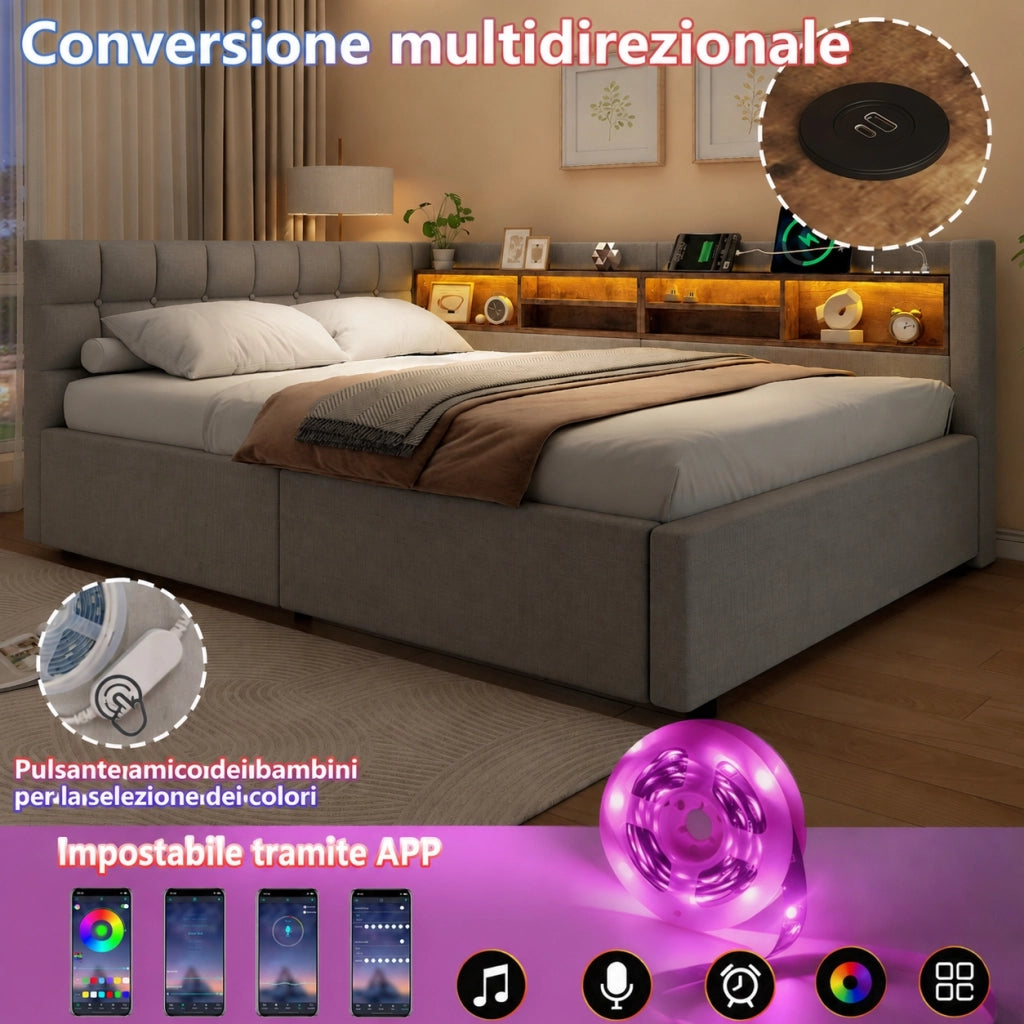 Letto contenitore 140x200 cm con LED dimmerabile; mensole e USB; lino e MDF; beige
