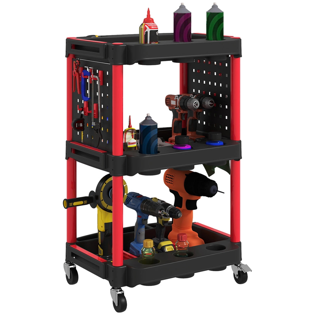 Carrello Porta Attrezzi a 3 Livelli in Plastica con Pannello Forato Laterale, Nero e Rosso