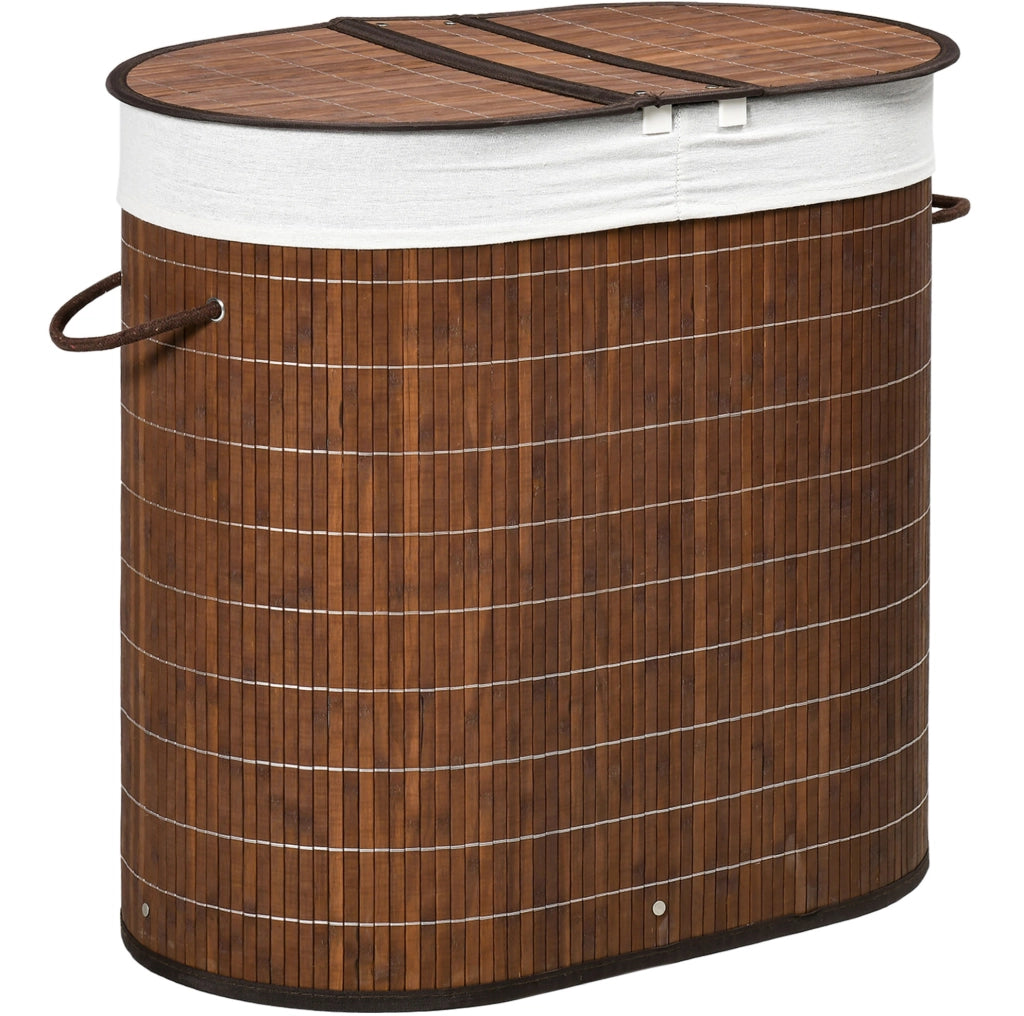 Cesto portabiancheria 100L con coperchio e due scomparti in bambù marrone
