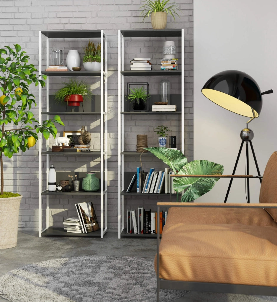 Scaffale stilo loft con ripiani in legno 60 cm Bianca 60 cm inserto frontale Grigio 60x32x192 cm
