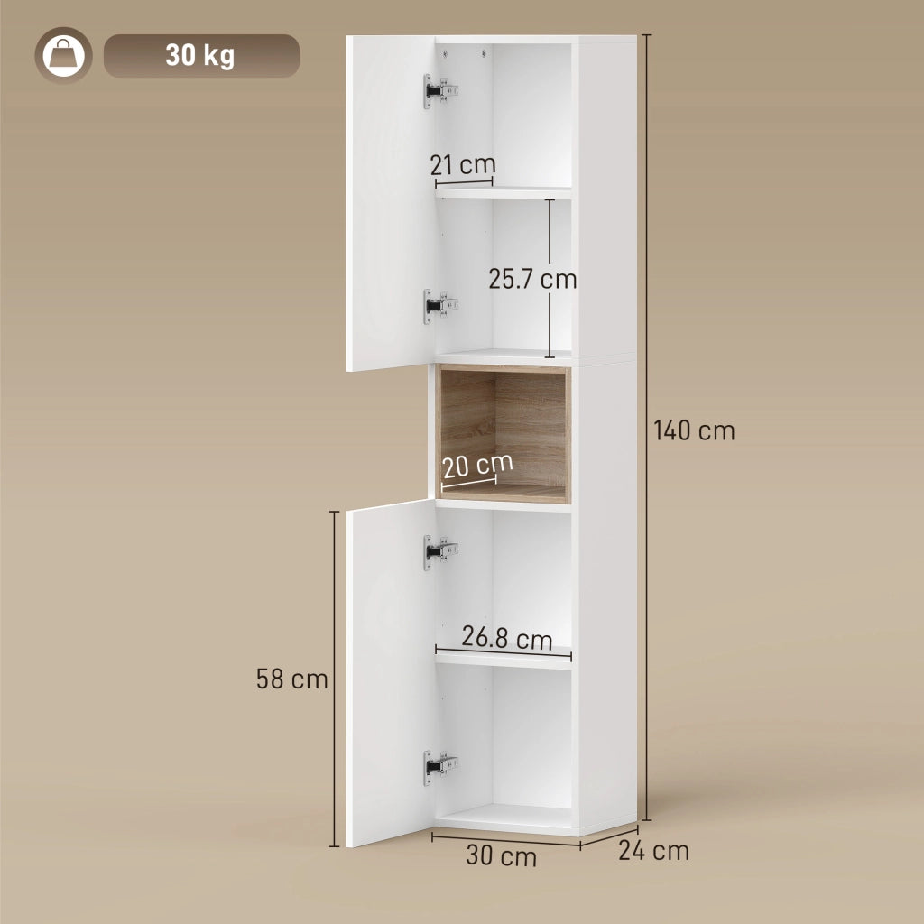 Mobile da Bagno a 2 Ante con Spazio Aperto e Ripiani Regolabili, in Legno, 30x24x140 cm, Bianco