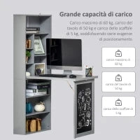 Scrivania PC Pieghevole con Libreria a 9 Ripiani in Legno e Metallo, 98x51x153 cm, Grigio