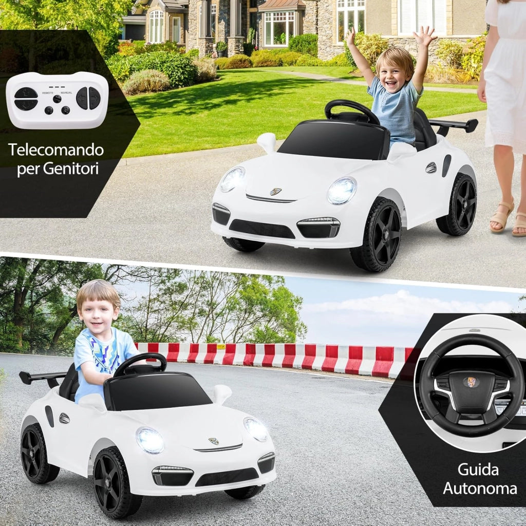 12 V Auto Elettrica per Bambini, Macchina Elettrica Porsche con Licenza Ufficiale, Telecomando, Musica, Luci LED, Clacson e Avvio Morbido, per Bambini 3-8 Anni (Bianco)