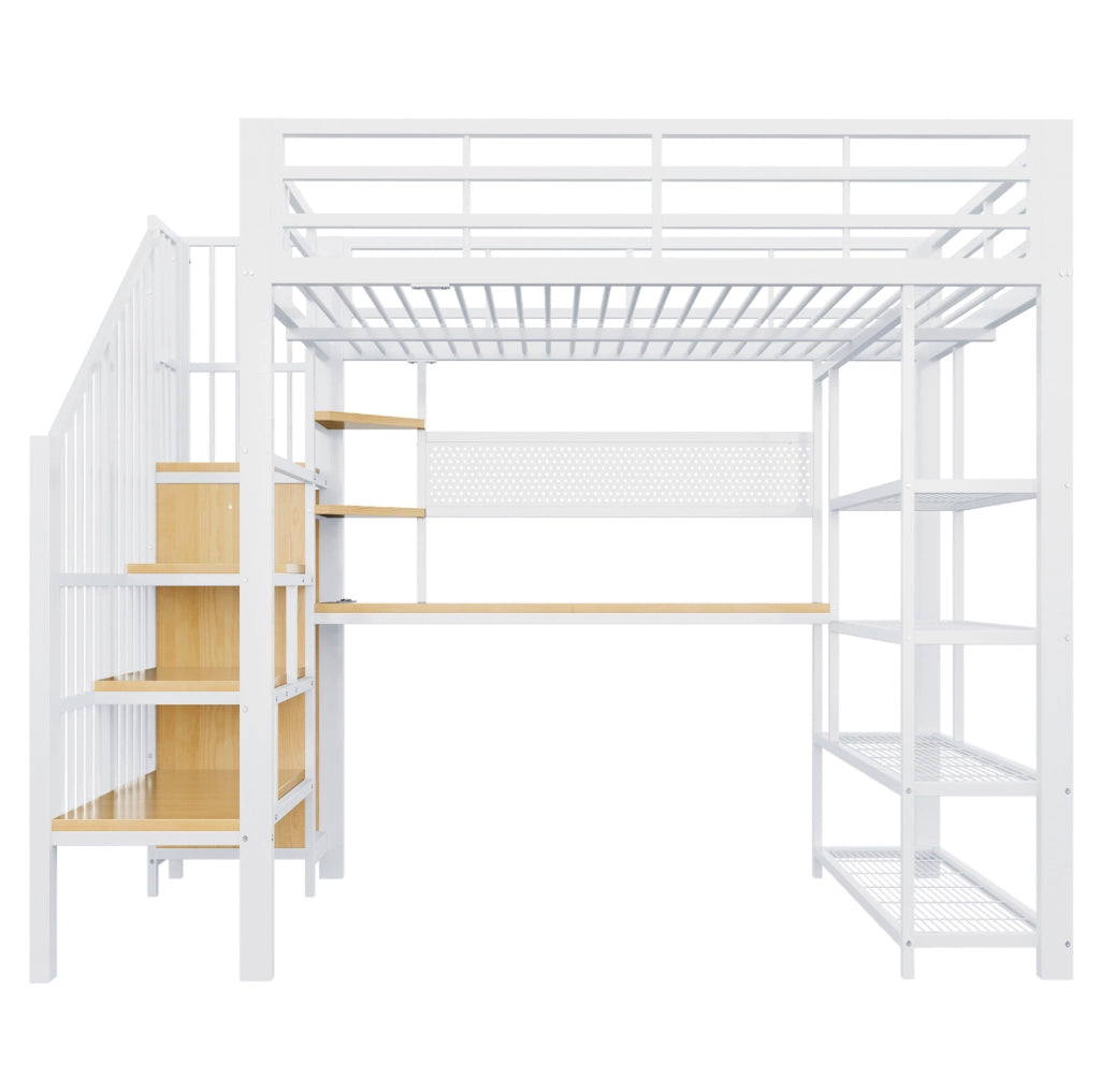 Letto a soppalco 140x200 cm con scrivania; LED; prese integrate; scala contenitore e scaffale; bianco