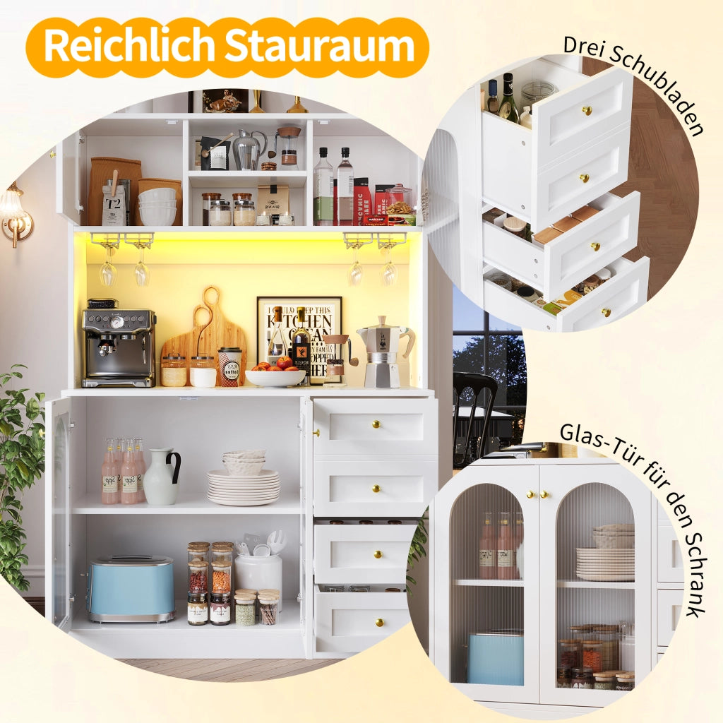 BUFFET 120x40x188 cm in MDF Bianco con LED e maniglie dorate