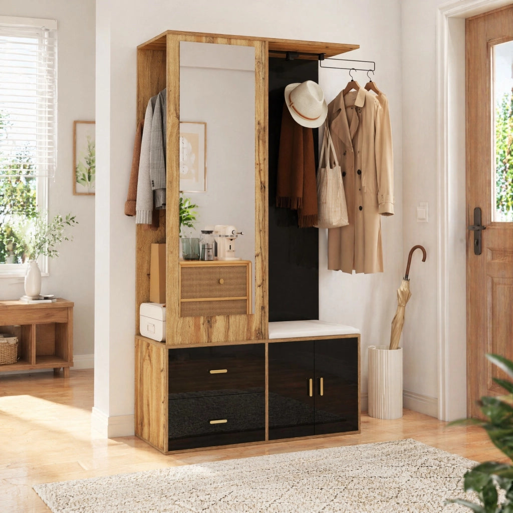 Guardaroba da ingresso con specchio; scarpiera e panca 100x38x180 cm; nero e naturale