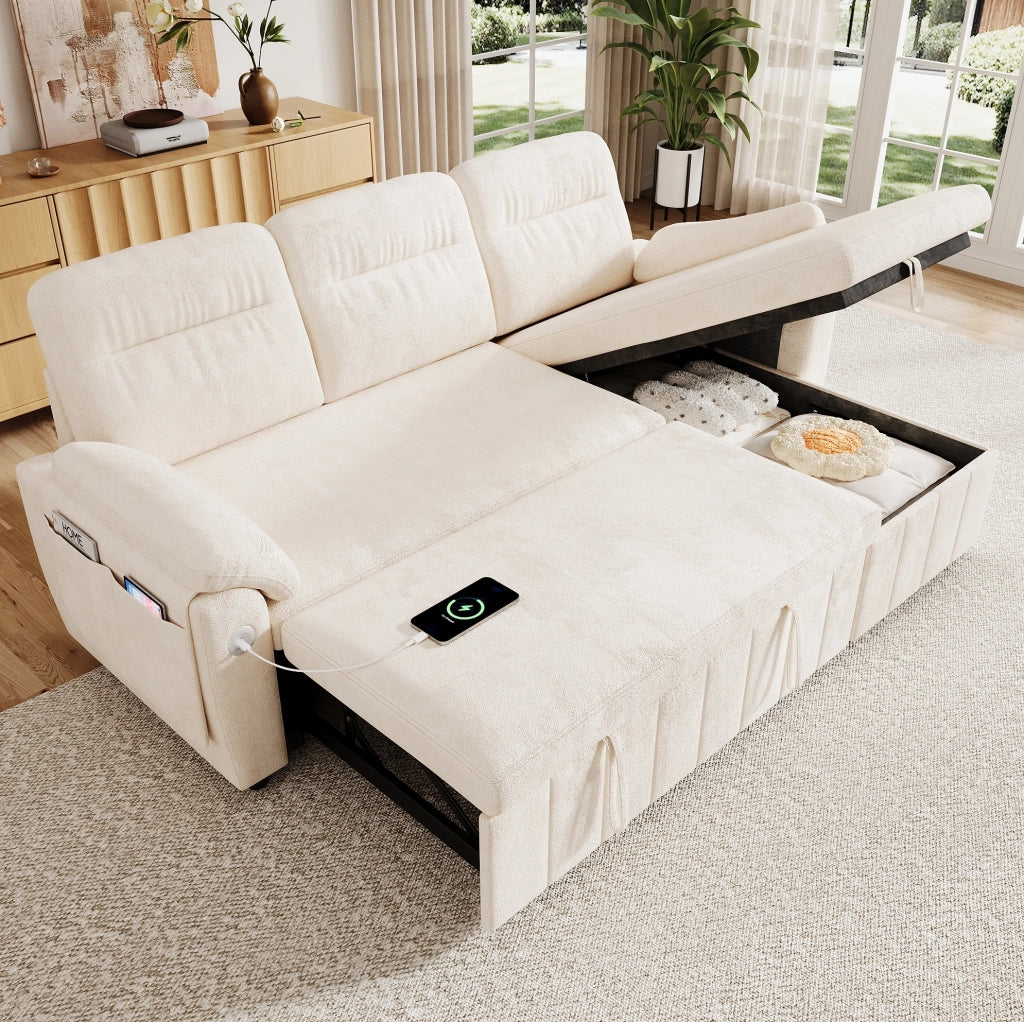 Divano angolare L convertibile con letto estraibile; chaise longue reversibile; USB/Type-C; beige