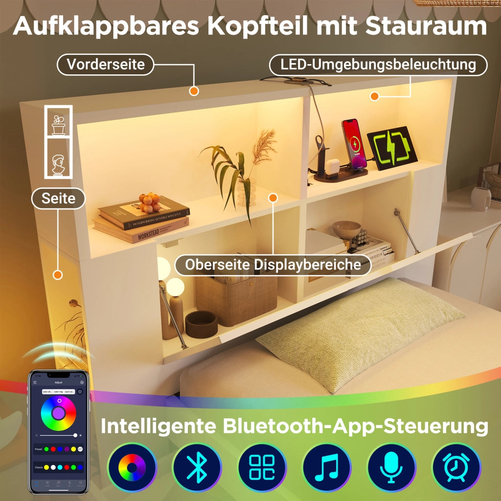 Letto in legno bianco con illuminazione a LED e USB cassetti 90x200 cm