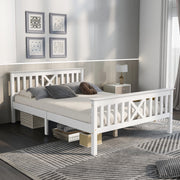 Letto matrimoniale in legno massello 140x200 cm con testiera a X, rete a doghe e spazio contenitore, bianco
