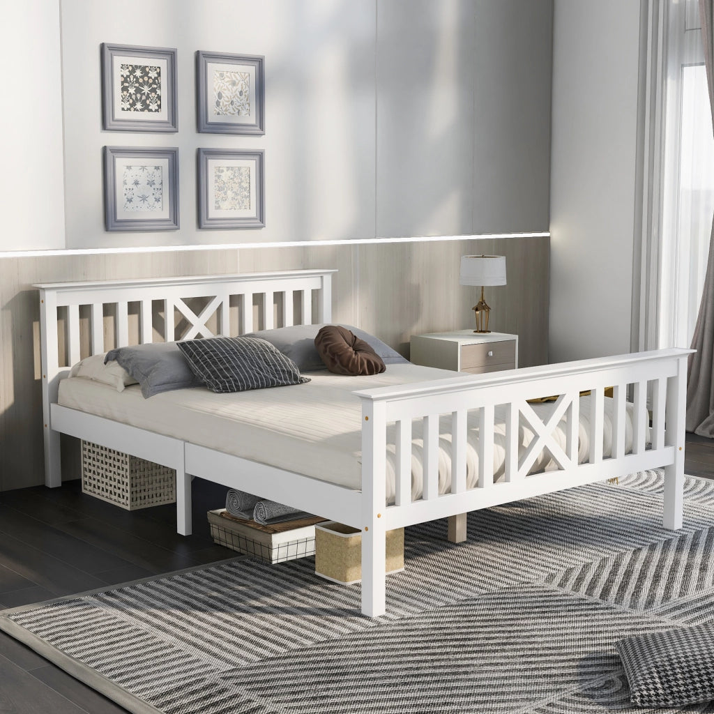 Letto matrimoniale in legno massello 140x200 cm con testiera a X, rete a doghe e spazio contenitore, bianco