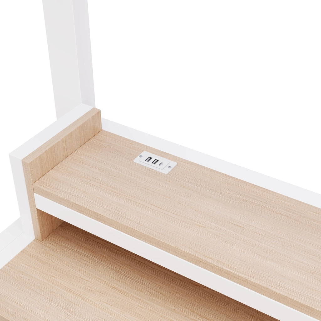 Letto a soppalco 90x200 cm in metallo e MDF con armadio scala; LED; USB e Type-C; bianco