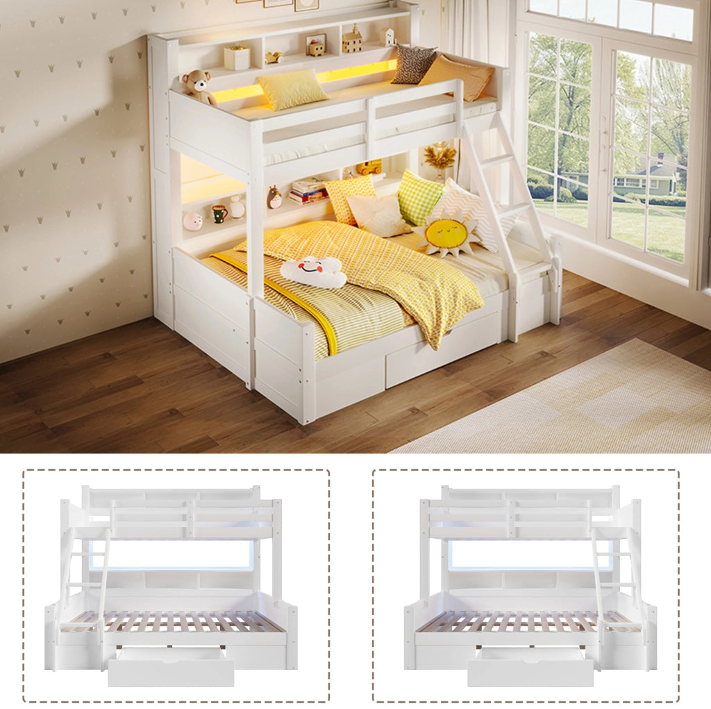 Letto a castello bianco 90x200 + 140x200 cm con LED, scala e cassetto