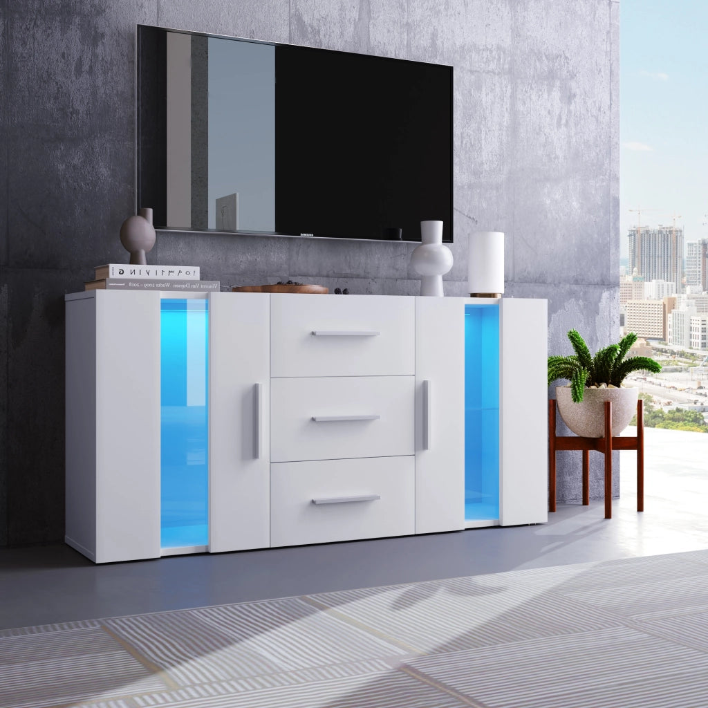 Mobile TV con 2 ante e 3 cassetti; illuminazione LED - per soggiorno - 140×35×70 cm