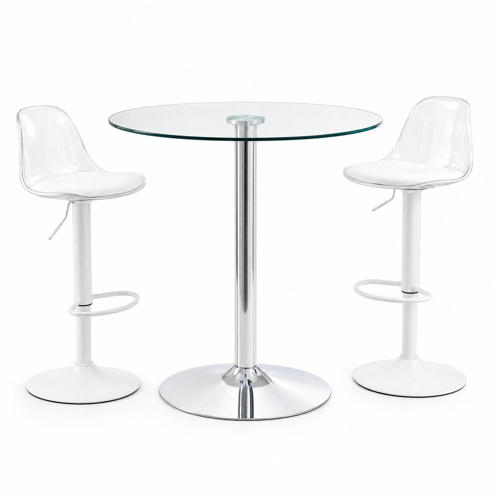 Set tavolo bar 89 cm in vetro trasparente e metallo, 2 sgabelli, per 2