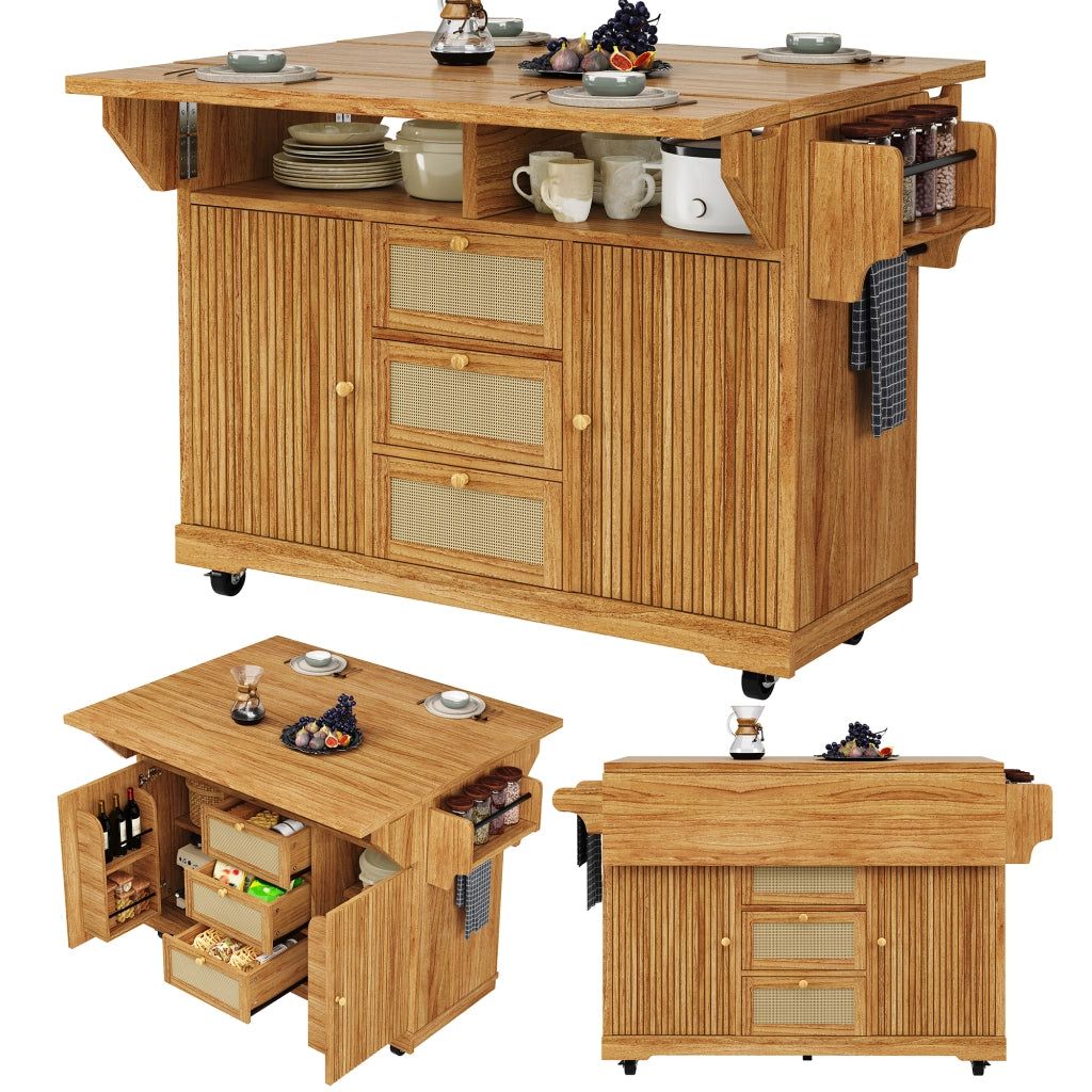 Carrello da cucina con 2 prolunghe ribaltabili; vani nascosti; cassetti in rattan PE; per cucina e balcone; 142.5 × 80 × 95 cm