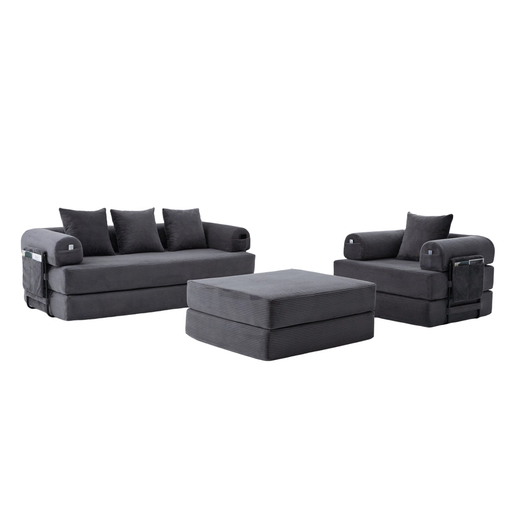 Divano modulare in corduroy a 4 posti con pouf, struttura in metallo, tasca laterale e cuscini