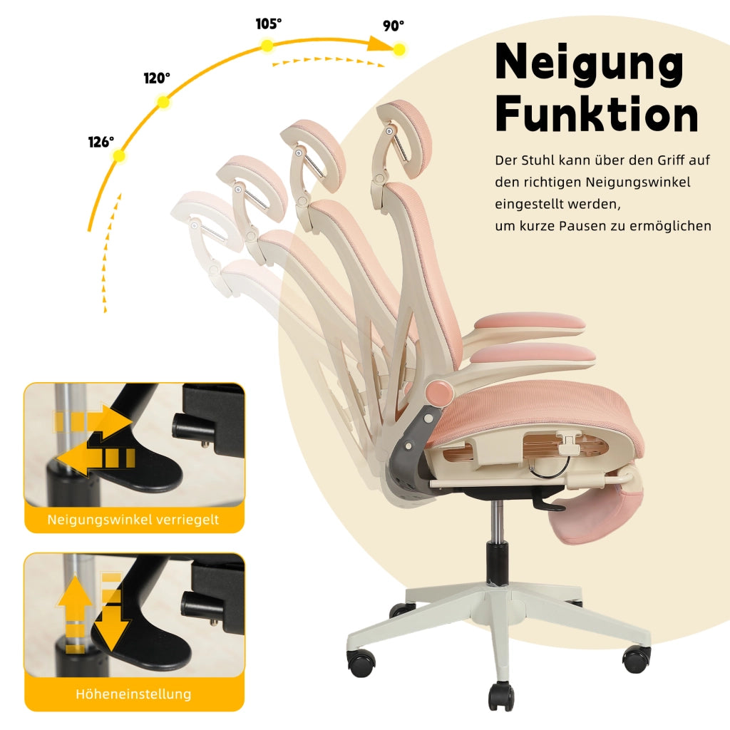 Sedia da ufficio pieghevole ergonomica in rete con poggiatesta 3D e supporto lombare regolabile rosa