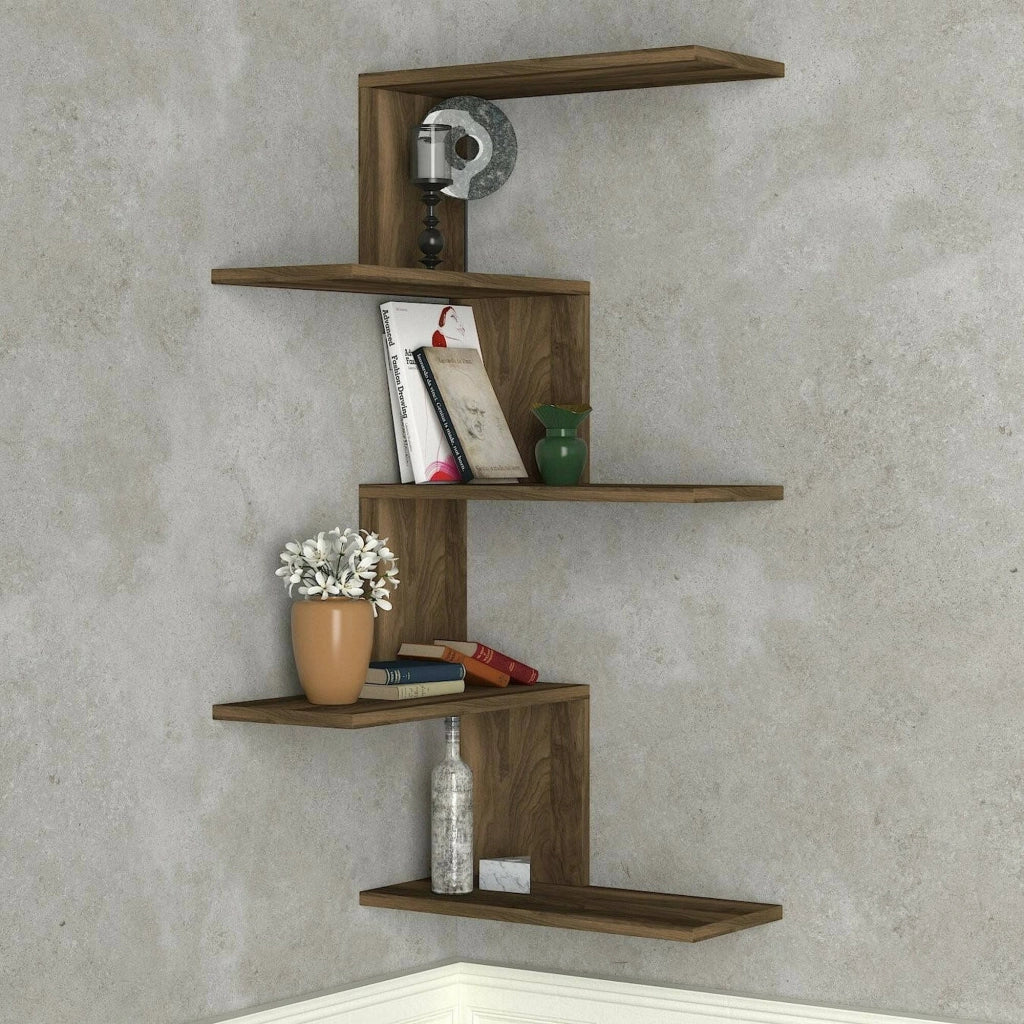 Mensola Beatriz, Scaffale, Ripiano a muro, Scaffalatura multiuso, 52x30h109 cm, Noce