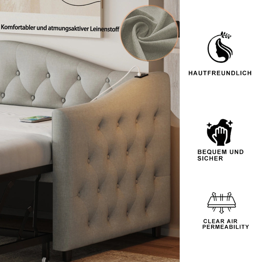 Letto divano 90 × 200 cm con porta USB, letto estraibile, senza materasso, in tessuto effetto lino, grigio