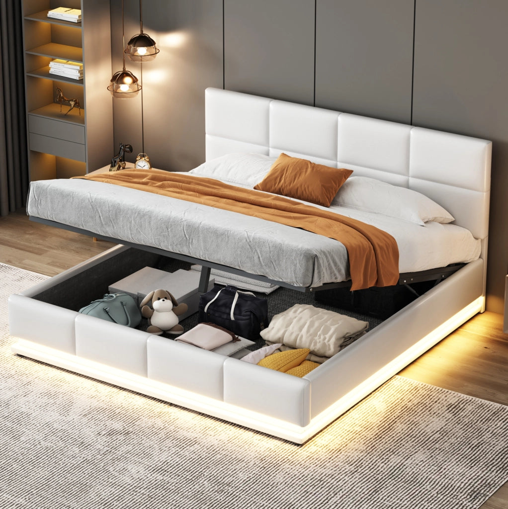 Letto matrimoniale imbottito 160x200 cm con LED; contenitore idraulico e struttura in metallo; bianco