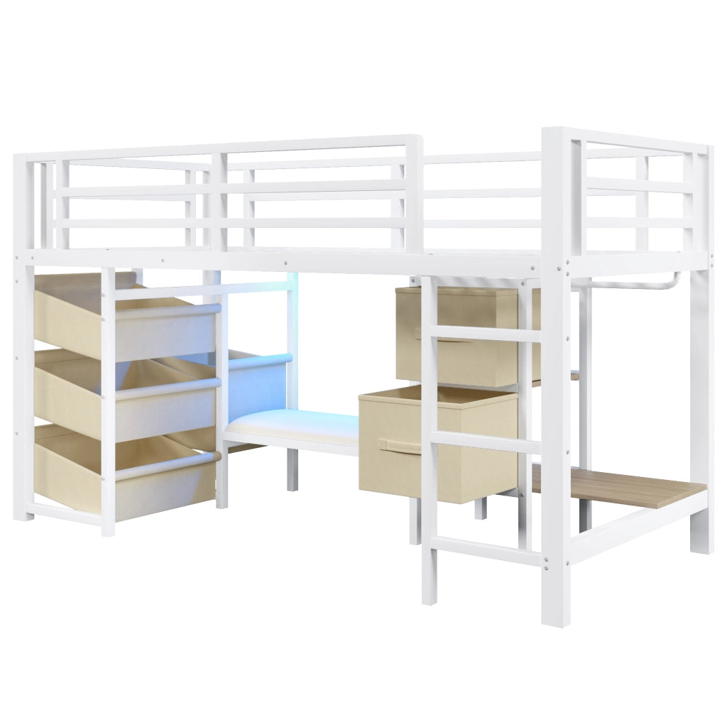 Letto singolo 90×200 cm con LED; cassetto in tessuto; tasca portaoggetti e cuscino; senza materasso; metallo; bianco