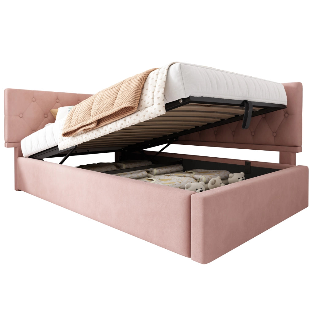 Daybed singolo – 90x190 cm – contenitore idraulico rete legno – velluto rosa