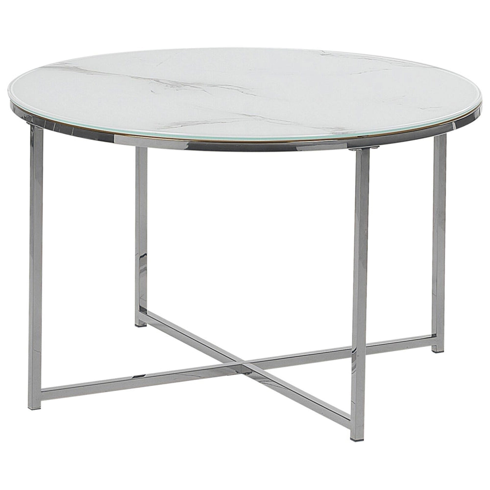 Tavolino Rotondo Effetto Marmo Bianco Base Argento 70 cm Glam Moderno Minimalista