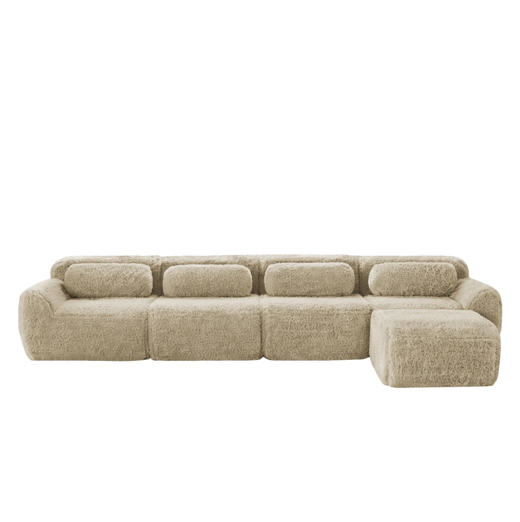 Divano modulare angolare 4 posti 378x179x73 cm in tessuto peluche; light khaki