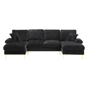 Divano Angolare Panoramico A U 6 Posti con Doppia Chaise Longue e Cuscini; Struttura In Legno; in Ciniglia Nero