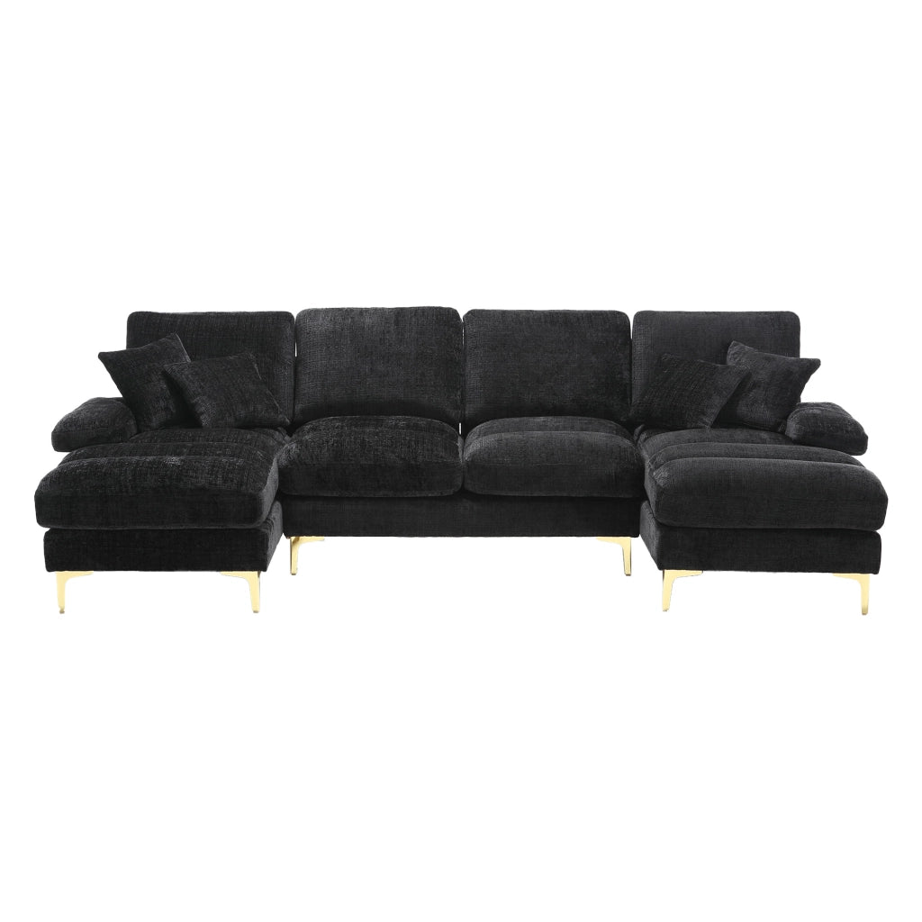 Divano Angolare Panoramico A U 6 Posti con Doppia Chaise Longue e Cuscini; Struttura In Legno; in Ciniglia Nero