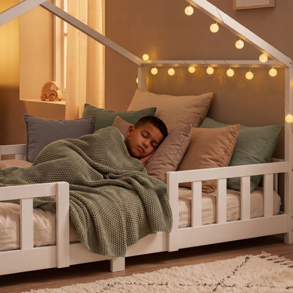 Letto per Cameretta Treviolo a Forma di Casetta in Stile Montessori con Materasso 120x200 cm - Bianco [en.casa]