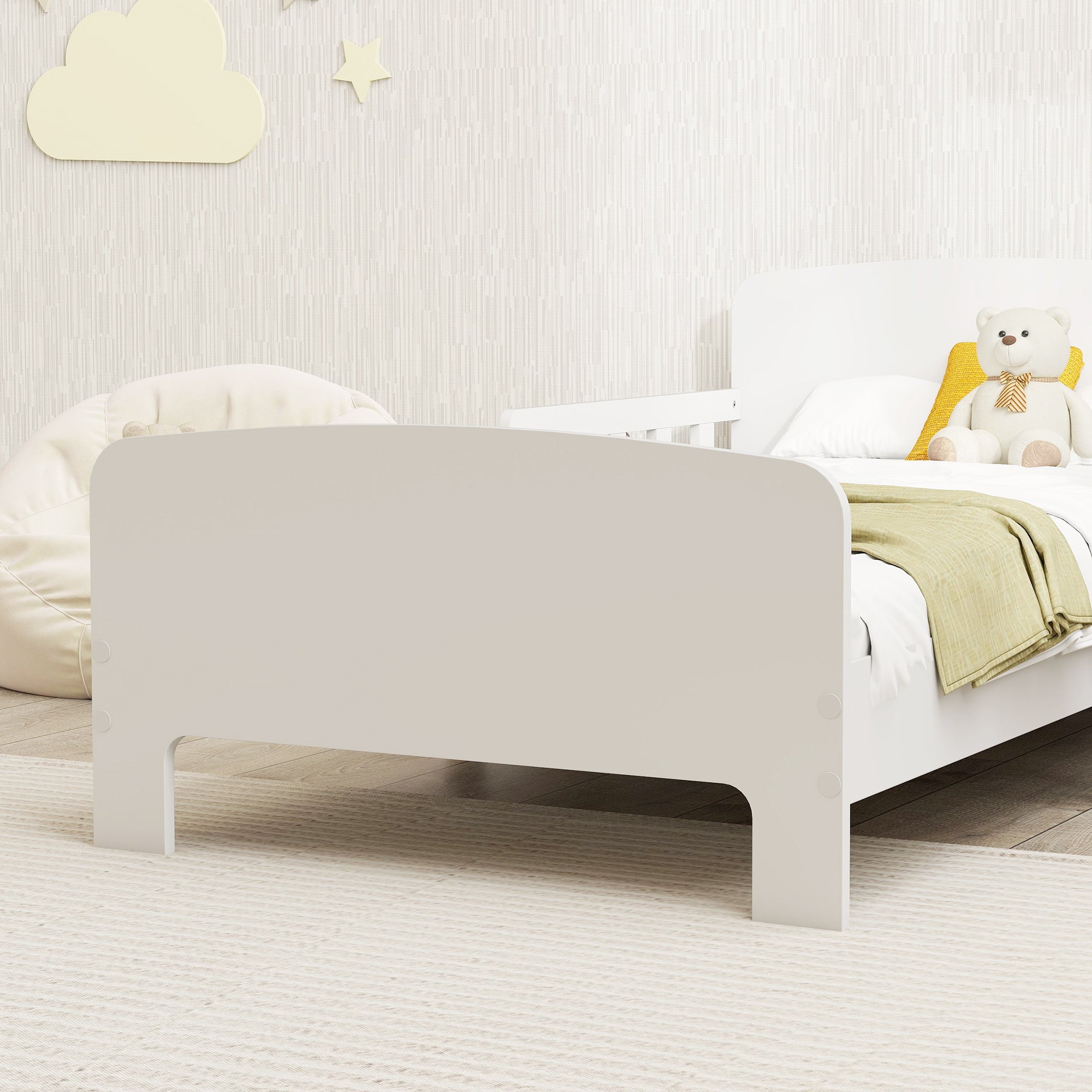 Letto per Bambini 3-8 Anni Basso con Sponde Laterali e Bordi Lisci 143.5x74.2x54 cm in Legno Bianco