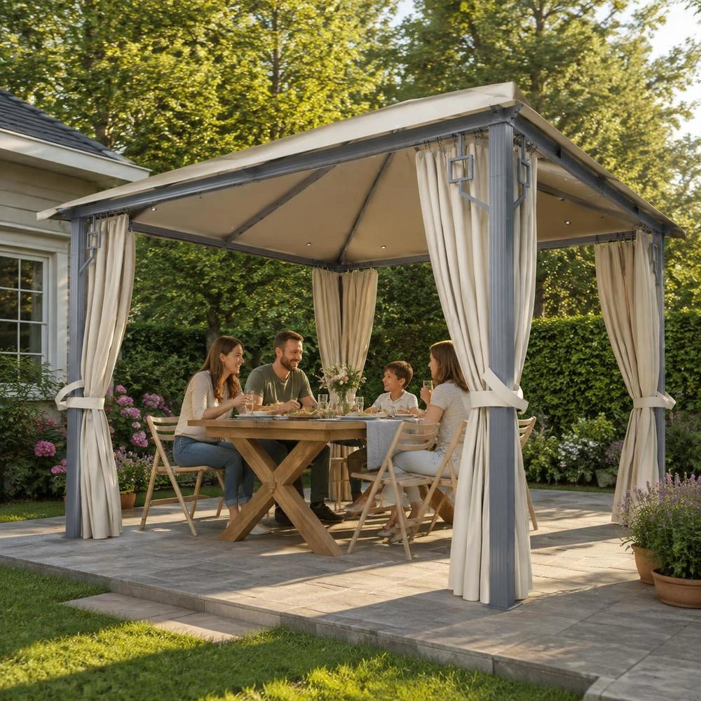Pavilion With Curtains & LED String Lights 300x300 Cm Cream Aluminum