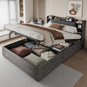 Letto multifunzione 180x200 cm con contenitore idraulico; testiera con vani e presa USB Type-C; grigio
