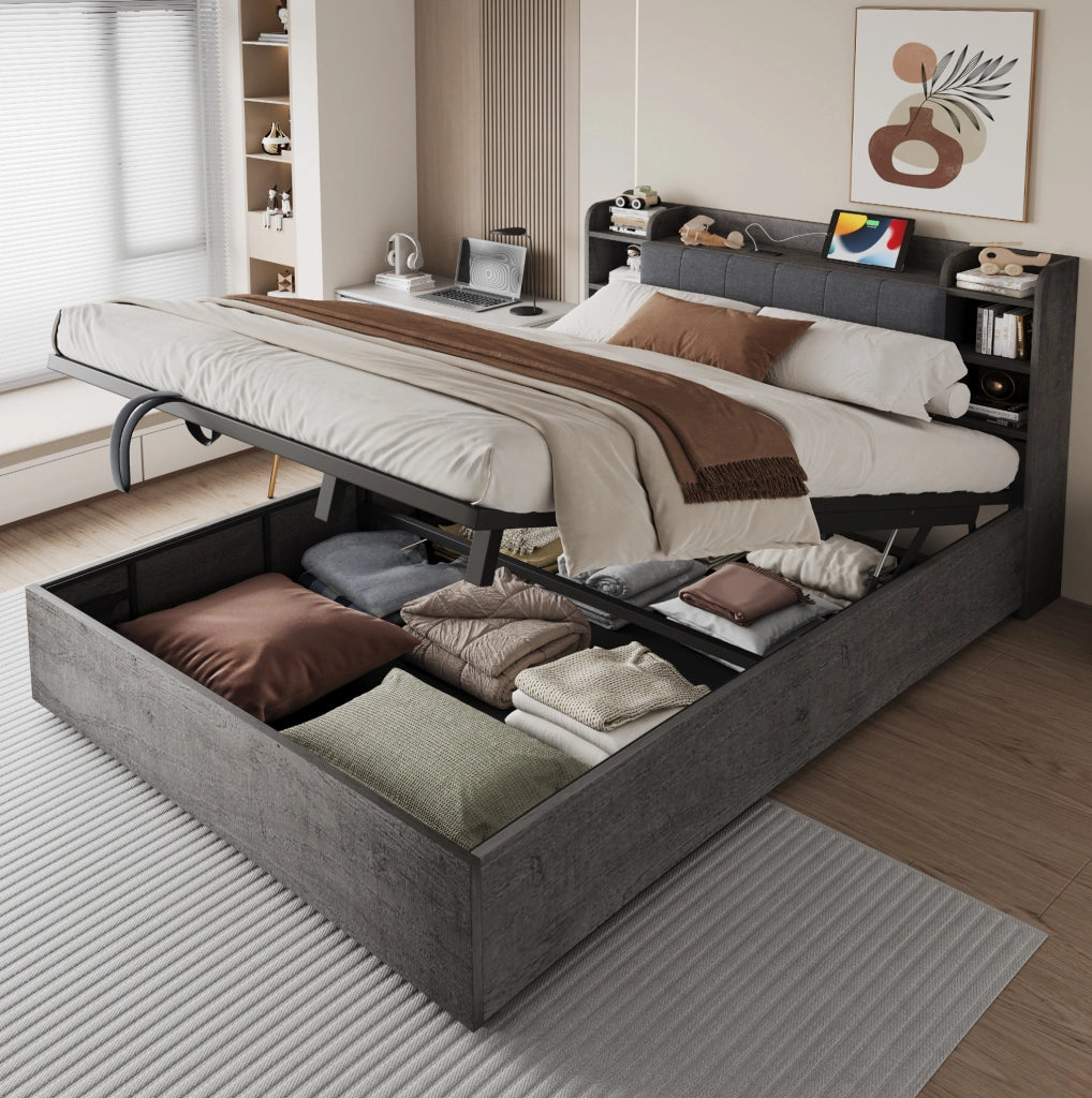 Letto multifunzione 180x200 cm con contenitore idraulico; testiera con vani e presa USB Type-C; grigio