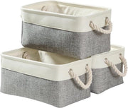 Set di contenitori in tela da canapa di grandi dimensioni da 3 - contenitori con maniglie per armadi - pannelli di armadi per abiti - abbigliamento per la camera da bagno - giocattoli asciugamani - contenitore pieghevole grigio-bianco