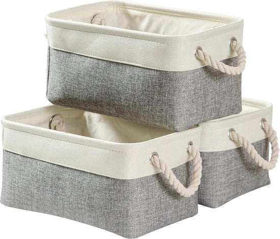 Set di contenitori in tela da canapa di grandi dimensioni da 3 - contenitori con maniglie per armadi - pannelli di armadi per abiti - abbigliamento per la camera da bagno - giocattoli asciugamani - contenitore pieghevole grigio-bianco