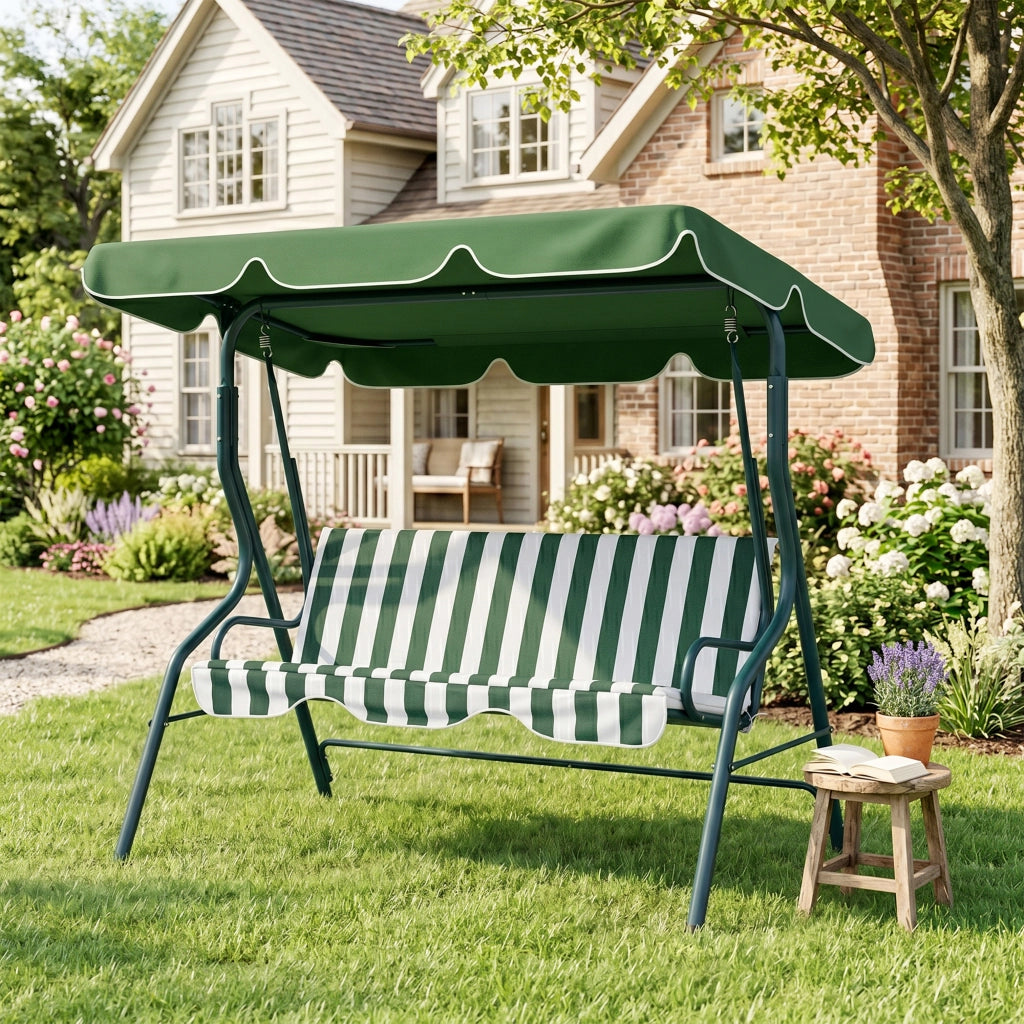 Dondolo 3 Posti con Tettuccio Regolabile e Cuscini, in Acciaio e Poliestere, 170x110x153 cm, Verde e Bianco