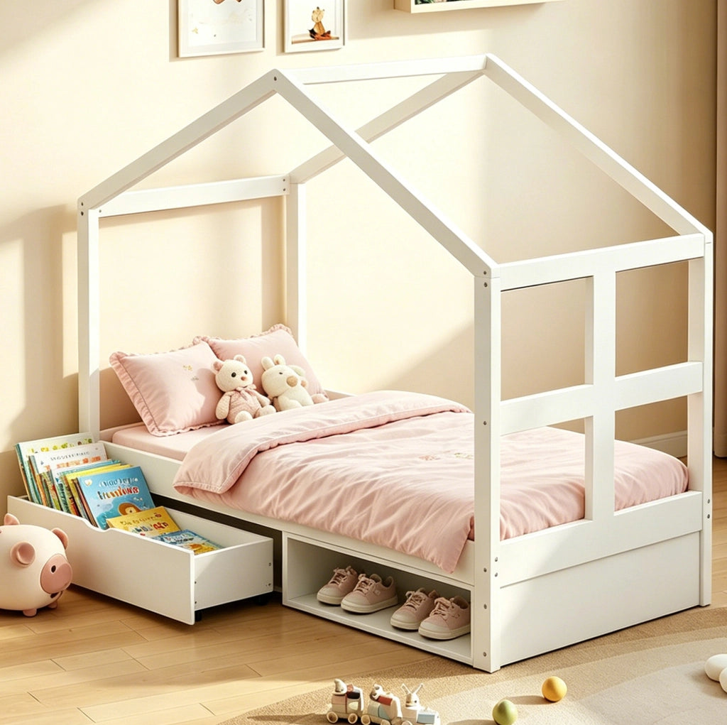Letto singolo a casetta 90x190 cm con LED, cassetto e scarpiera